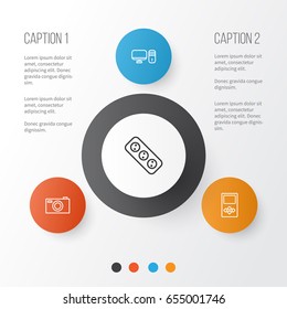 Hardware Icons Set. Collection Of Extension Cord, Digital Camera, Personal Computer And Other Elements. Also Includes Symbols Such As Photo, Socket, Computer.