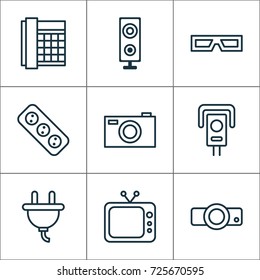 Hardware Icons Set. Collection Of Extension Cord, Cctv, Socket And Other Elements. Also Includes Symbols Such As Phone, Television, Spectacles.