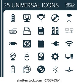 Hardware Icons Set. Collection Of File Scanner, Connector, Web Camera And Other Elements. Also Includes Symbols Such As Card, Storage, Keyboard.