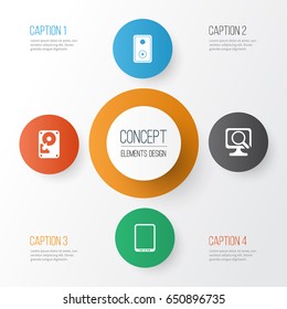 Hardware Icons Set. Collection Of Hdd, Audio Device, Cellphone And Other Elements. Also Includes Symbols Such As Smartphone, Phone 