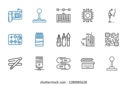hardware icons set. Collection of hardware with joystick, keyboard, switch, server, stick, cpu, motherboard, tools, sticks, components, d printer. Editable and scalable hardware icons.