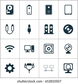 Hardware Icons Set. Collection Of Laptop, Connected Devices, Blank Cd And Other Elements. Also Includes Symbols Such As Stereo, Web, Phone.