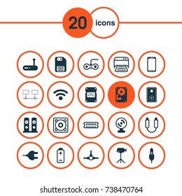 Hardware Icons Set. Collection Of Loudspeakers, Web Camera, Aux Cord And Other Elements. Also Includes Symbols Such As Computer, Scanner, Mobile.