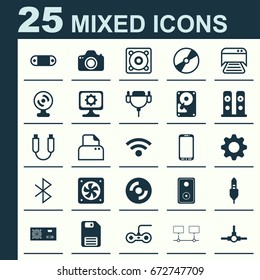 Hardware Icons Set. Collection Of Network Structure, Loudspeakers, Cd-Rom And Other Elements. Also Includes Symbols Such As Disk, Power, Floppy.