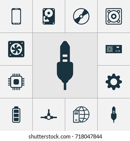 Hardware Icons Set. Collection Of Network Structure, Music, Hdd And Other Elements. Also Includes Symbols Such As Smartphone, Phone, Internet.