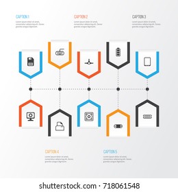 Hardware Icons Set. Collection Of Network Structure, File Scanner, Cellphone And Other Elements. Also Includes Symbols Such As Memory, Smartphone, Tablet.