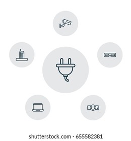 Hardware Icons Set. Collection Of Notebook, Presentation, Surveillance And Other Elements. Also Includes Symbols Such As Slide, Notebook, Computer.