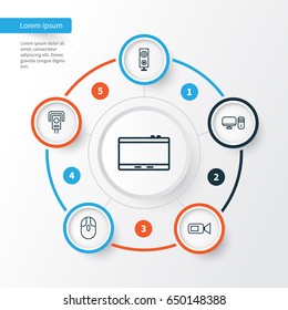 Hardware Icons Set. Collection Of Personal Computer, Cursor Mouse, Speaker And Other Elements. Also Includes Symbols Such As Camera, Desktop, Video.