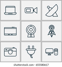 Hardware Icons Set. Collection Of Personal Computer, Antenna, Gadget And Other Elements. Also Includes Symbols Such As Apparatus, Laptop, Plug.