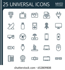 Hardware Icons Set. Collection Of Photographing, Work Phone, Player And Other Elements. Also Includes Symbols Such As Notebook, Plug, Switch.