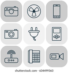 Hardware Icons Set. Collection Of Player, Digital Camera, Telephone And Other Elements. Also Includes Symbols Such As Fan, Electrical, Smartphone.