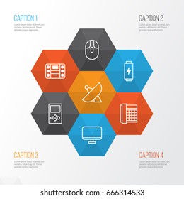 Hardware Icons Set. Collection Of Player, Cursor Mouse, Computer Monitor And Other Elements. Also Includes Symbols Such As Mp3, Screen, Battery.