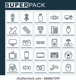 Hardware Icons Set. Collection Of Player, Spectacles, Photo Apparatus And Other Elements. Also Includes Symbols Such As Fan, Switch, Rotor.