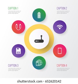 Hardware Icons Set. Collection Of Portable Memory, Smartphone, Router And Other Elements. Also Includes Symbols Such As Floppy, Wireless, Full.