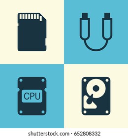 Hardware Icons Set. Collection Of Portable Memory, Memory Card, Cpu And Other Elements. Also Includes Symbols Such As Usb, Storage, Hdd.