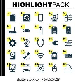 Hardware Icons Set. Collection Of Portable Memory, Printed Document, Connector And Other Elements. Also Includes Symbols Such As Laptop, Wireless, Energy.