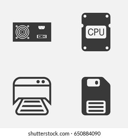 Hardware Icons Set. Collection Of Power Generator, Diskette, Printed Document And Other Elements. Also Includes Symbols Such As Dskette, Save, Photocopy.