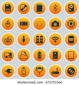 Hardware Icons Set. Collection Of Power Generator, Connector, Camera And Other Elements. Also Includes Symbols Such As Card, Dskette, Router.