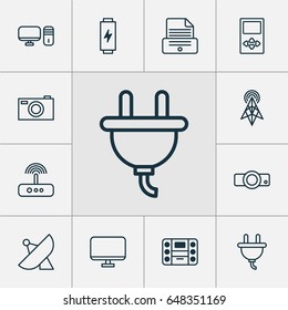 Hardware Icons Set. Collection Of Presentation, Wireless Router, Computer Monitor And Other Elements. Also Includes Symbols Such As Router, Electrical, PC.