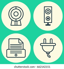 Hardware Icons Set. Collection Of Print Device, Web Discussing, Socket And Other Elements. Also Includes Symbols Such As Loudspeaker, Camera, Speaker.