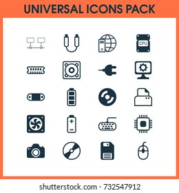 Hardware Icons Set. Collection Of Radio Set, Connected Devices, Control Device And Other Elements. Also Includes Symbols Such As Save, Network, Photocopy.