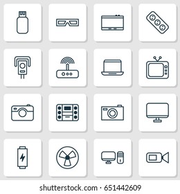 Hardware Icons Set. Collection Of Security Camera, Digital Camera, Charge And Other Elements. Also Includes Symbols Such As Monitor, Fan, Display.