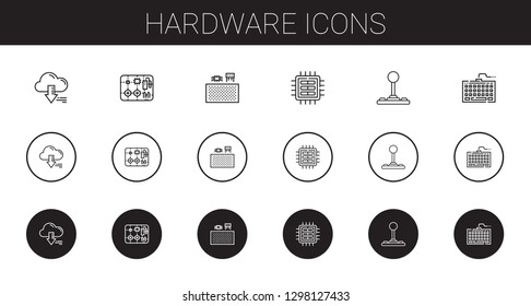 hardware icons set. Collection of hardware with server, components, cpu, joystick, keyboard. Editable and scalable hardware icons.