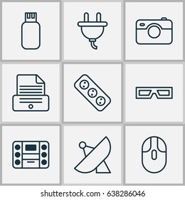 Hardware Icons Set. Collection Of Spectacles, Extension Cord, Socket And Other Elements. Also Includes Symbols Such As Apparatus, Music, Sputnik.