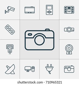 Hardware Icons Set. Collection Of Surveillance, Cctv, Personal Computer And Other Elements. Also Includes Symbols Such As Gadget, Player, Tablet.