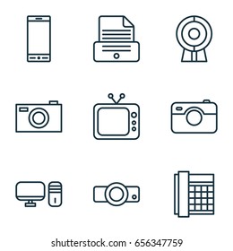 Hardware Icons Set. Collection Of Telephone, Web Discussing, Presentation And Other Elements. Also Includes Symbols Such As Office, Apparatus, Desktop.