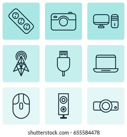 Hardware Icons Set. Collection Of Universal Serial Bus, Personal Computer, Wireless Router And Other Elements. Also Includes Symbols Such As Presentation, Camera, Mouse.