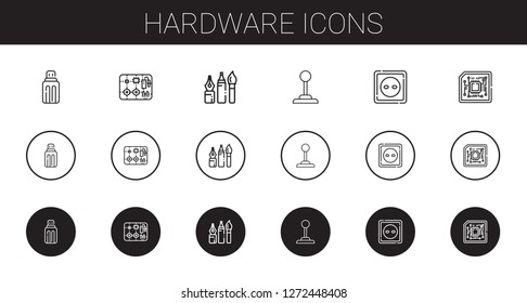 hardware icons set. Collection of hardware with usb, components, tools, joystick, socket, cpu. Editable and scalable hardware icons.