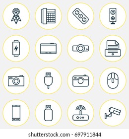 Hardware Icons Set. Collection Of Usb, Universal Serial Bus, Telephone And Other Elements. Also Includes Symbols Such As Megaphone, Apparatus, Speaker.