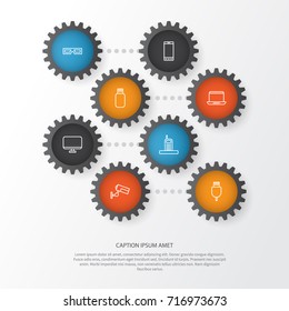 Hardware Icons Set. Collection Of Usb, Monitor, Spectacles And Other Elements. Also Includes Symbols Such As Screen, Cable, Smartphone.