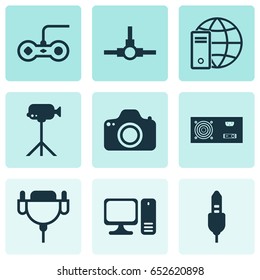 Hardware Icons Set. Collection Of Vga Cord, Camcorder, Internet Network And Other Elements. Also Includes Symbols Such As Generator, Monitor, Aux.