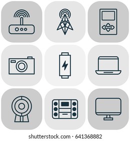Hardware Icons Set. Collection Of Web Discussing, Notebook, Charge And Other Elements. Also Includes Symbols Such As Battery, Screen, Display.