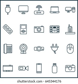 Hardware Icons Set. Collection Of Web Discussing, Photographing, Telephone And Other Elements. Also Includes Symbols Such As Modem, Tablet, Photo.