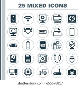 Hardware Icons Set. Collection Of Web Camera, Laptop, Smartphone And Other Elements. Also Includes Symbols Such As Usb, Save, PC.