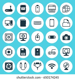 Hardware Icons Set. Collection Of Wireless, Music, Computer Ventilation And Other Elements. Also Includes Symbols Such As Vga, Energy, Dskette.