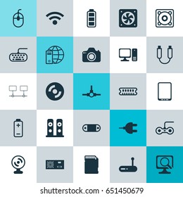 Hardware Icons Set. Collection Of Wireless, Power Generator, Computer Keypad And Other Elements. Also Includes Symbols Such As Fan, Desktop, Cd.