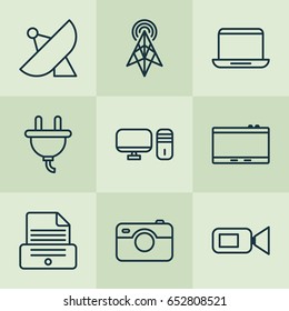 Hardware Icons Set. Collection Of Wireless Router, Video Camcorder, Socket And Other Elements. Also Includes Symbols Such As Socket, Gadget, Tablet.