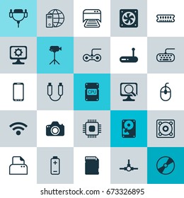 Hardware Icons Set. Collection Of Wireless, Printed Document, Joystick And Other Elements. Also Includes Symbols Such As Dvd, Vga, Mobile.