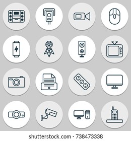 Hardware Icons Set. Collection Of Wireless Router, Personal Computer, Printer And Other Elements. Also Includes Symbols Such As Extension, Desktop, Energy.