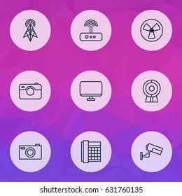 Hardware Icons Set. Collection Of Work Phone, Computer Monitor, Surveillance And Other Elements. Also Includes Symbols Such As Monitor, Router, Phone.