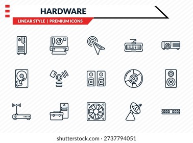 hardware icons set - computer case, camera, harddrive, computer fan, random access memory outline vector collection.