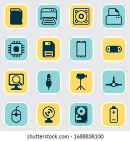 Hardware icons set with computer mouse, sd card, speaker and other diskette elements. Isolated vector illustration hardware icons.