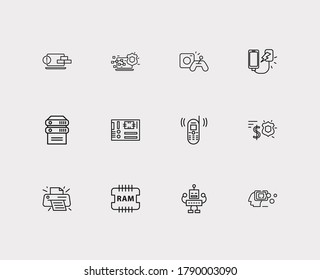 Hardware icons set. Cyber security and hardware icons with old mobile phone, artificial intelligence and firewall. Set of talk for web app logo UI design.