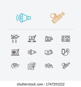 Hardware icons set. Data mining and hardware icons with artificial intelligence, video chat and speaker. Set of musical for web app logo UI design.