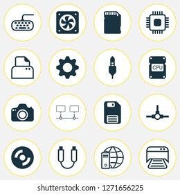 Hardware icons set with distributed connection, photocamera, floppy disk and other memory card elements. Isolated vector illustration hardware icons.
