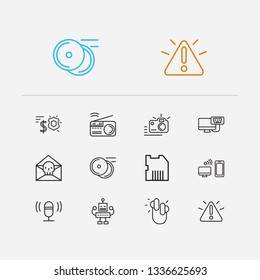 Hardware icons set. Dvd and hardware icons with vga plug, earphones and wifi. Set of tech for web app logo UI design.